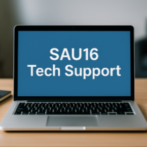 A computer with the words "SAU16 Tech support" in the center
